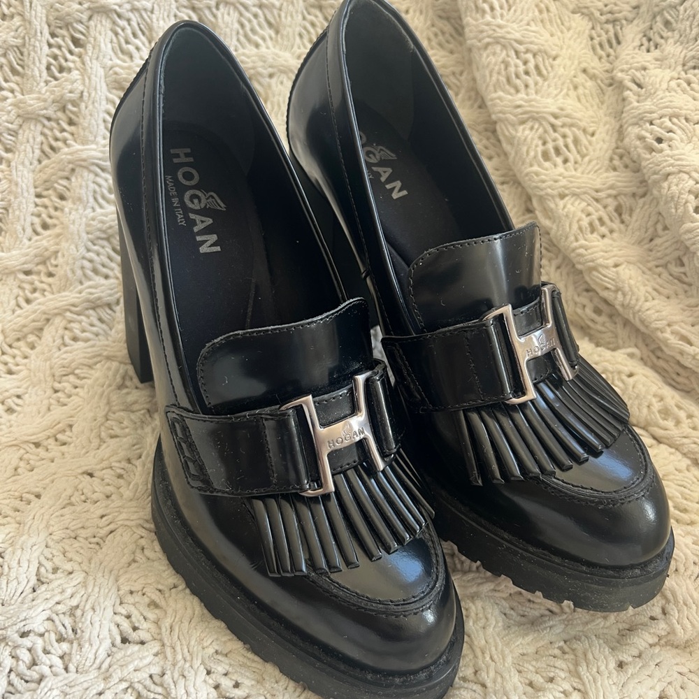 Hogan Black Patent Leather Fringe Loafers with Silver Buckle